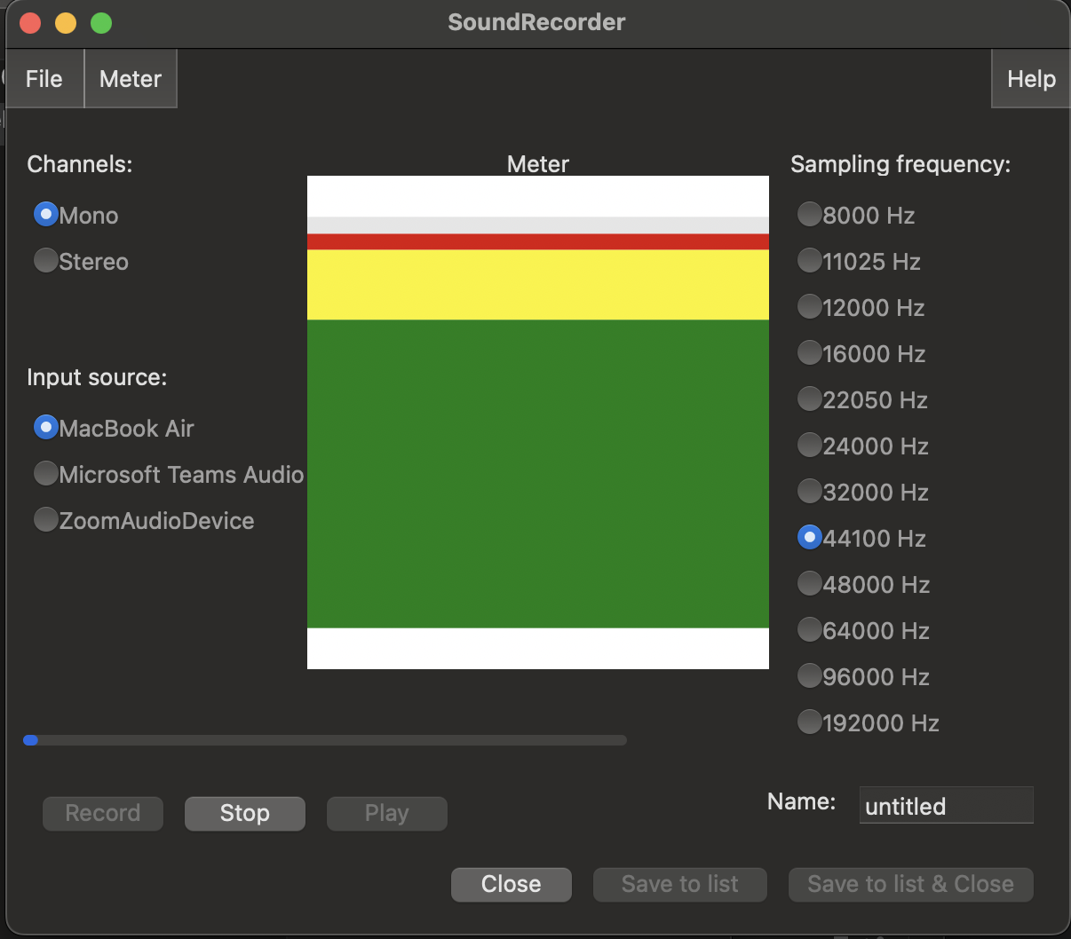 Praat sound recorder with meter showing green yellow and red