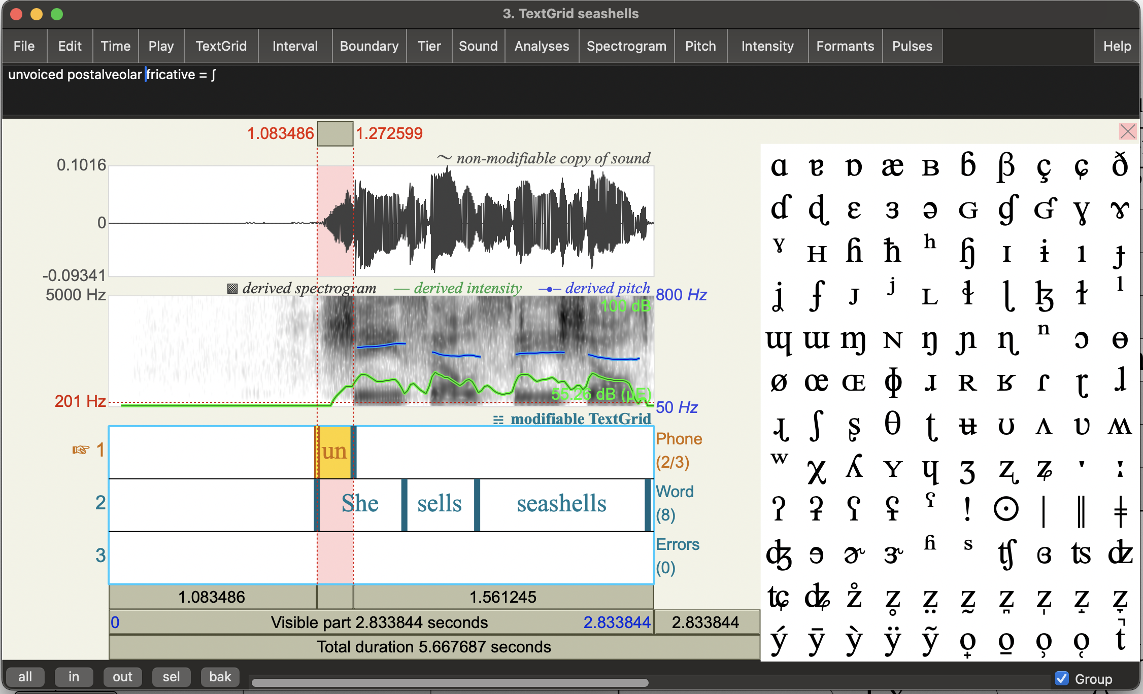 Annotation of "sh" in "She" as unvoiced postalveolar fricative = ʃ