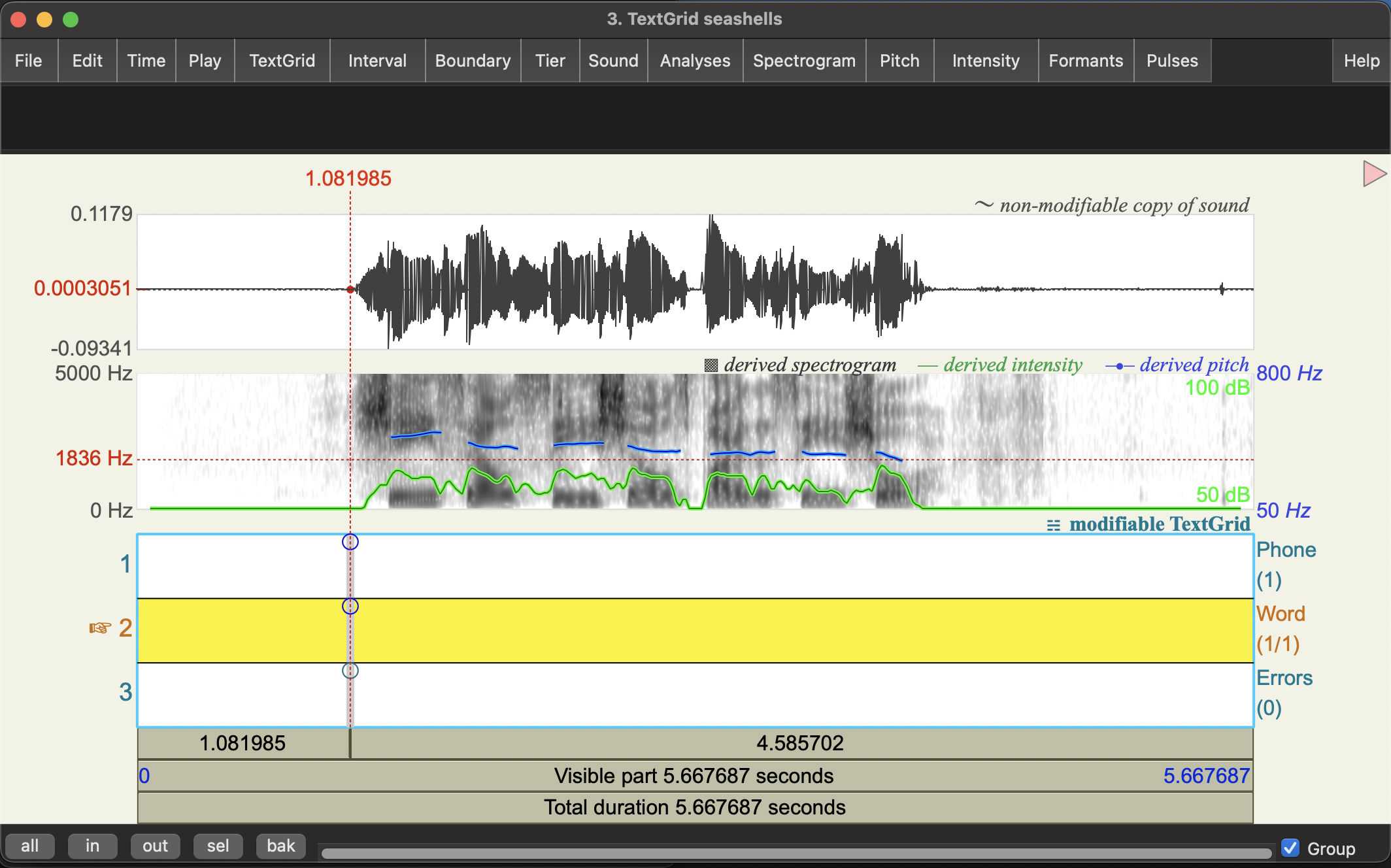 Seashells audio view with text grids, cursor selected at the beginning of the first word