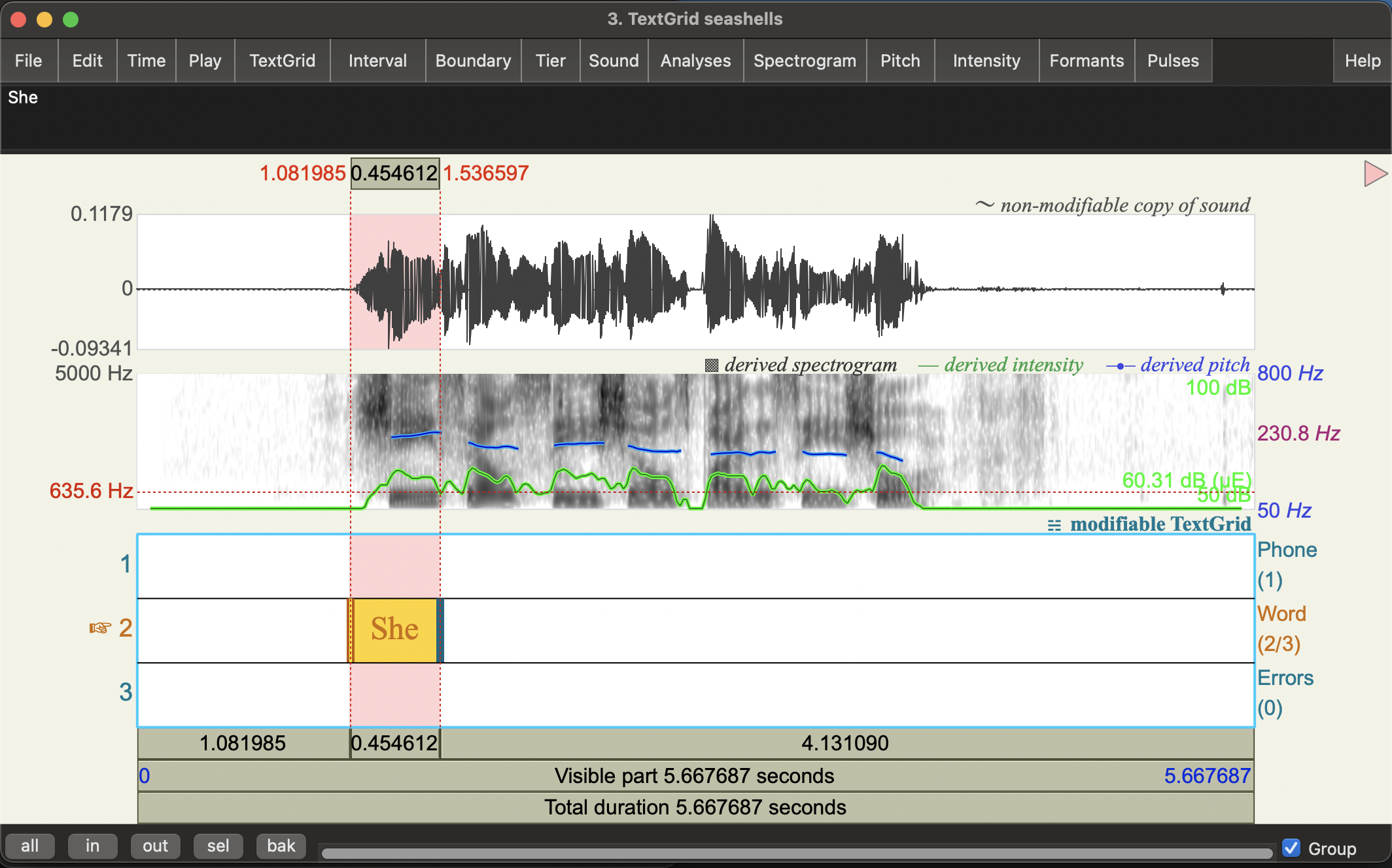 eashells audio view with text grids, the first word "She" annotated in the Word text tier