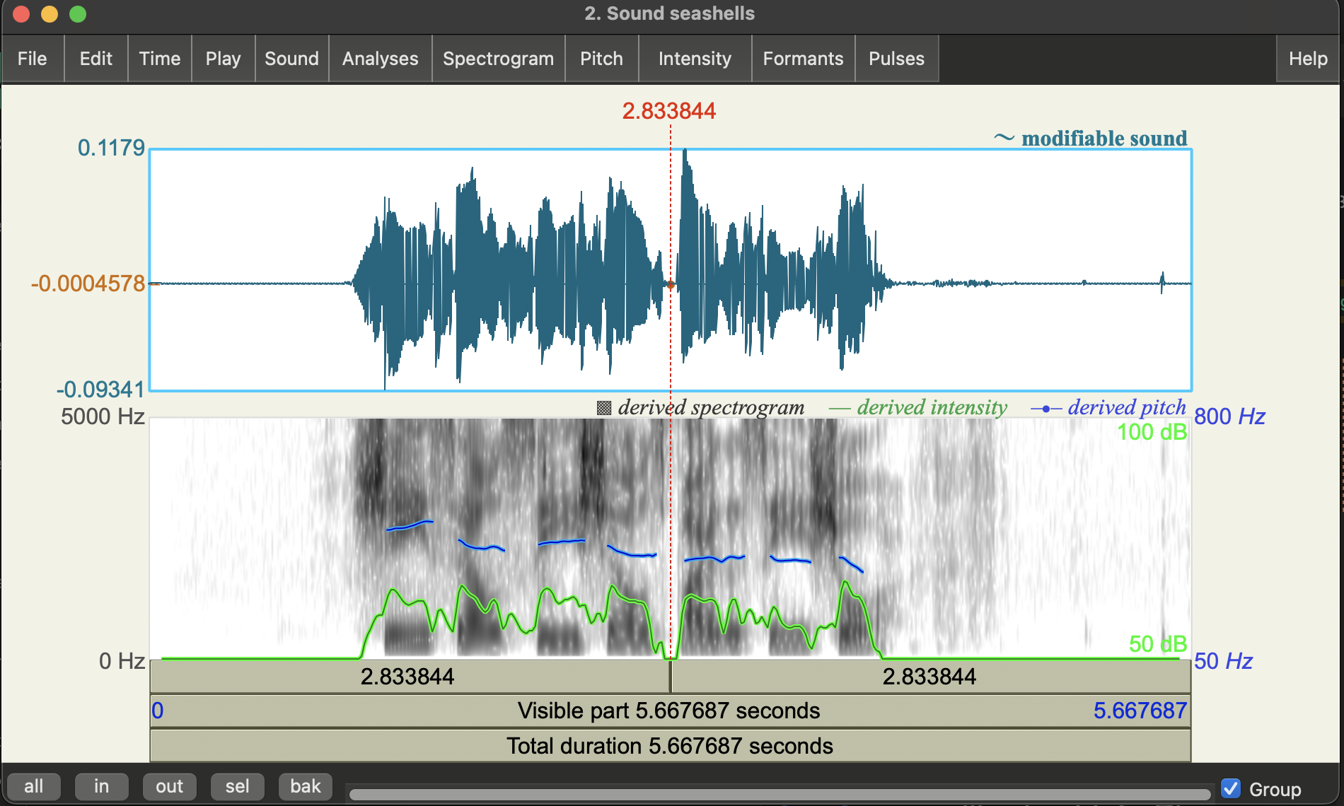 Praat sound viewer with seashells.wav open