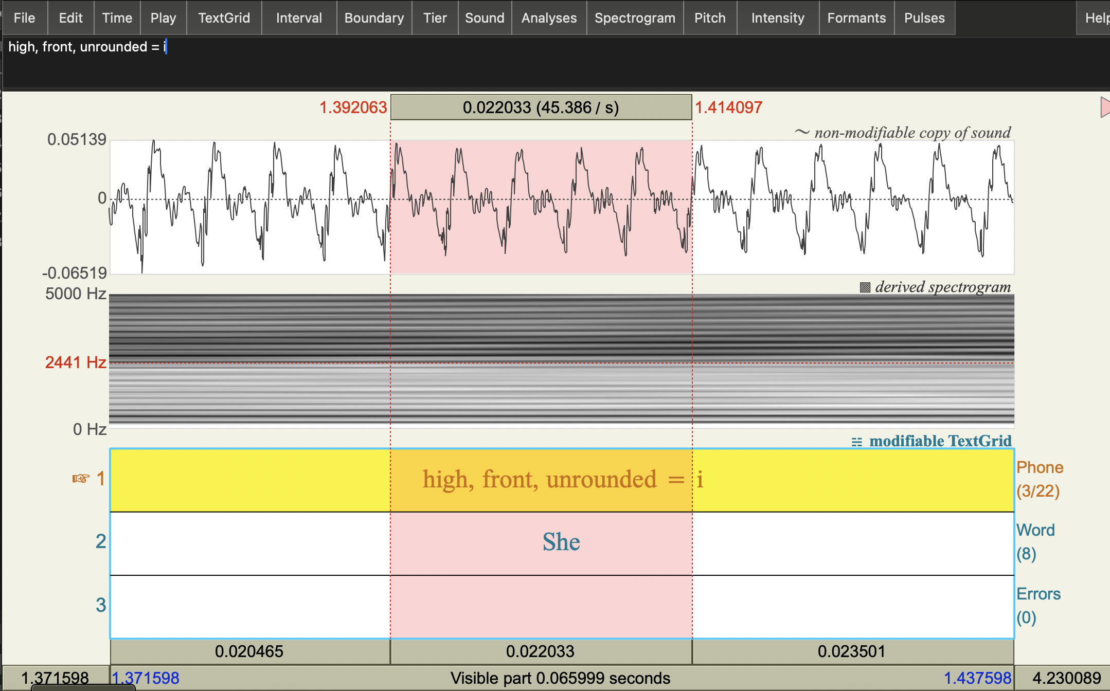 narrow-band spectrogram of the vowel i: we see dark horizontal bands at multiples of the fundamnental frequency