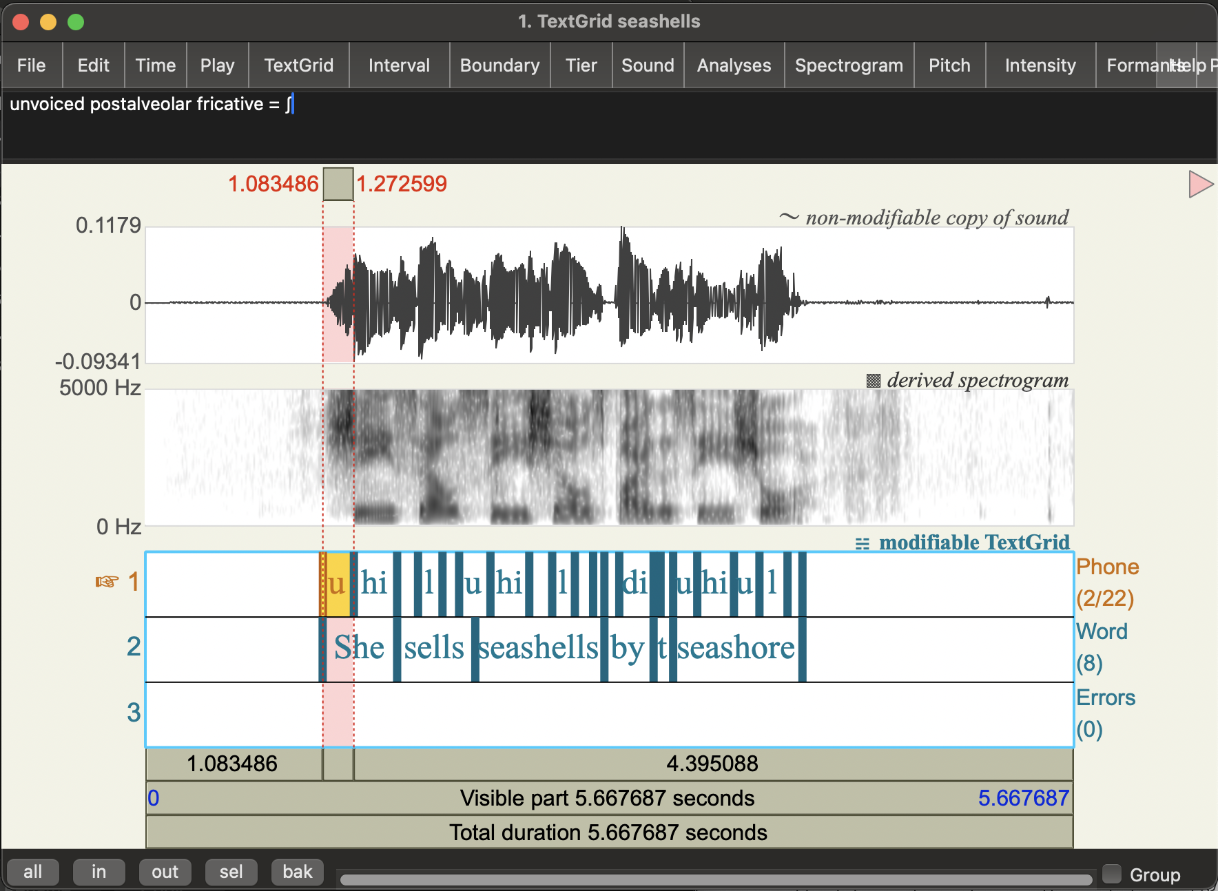 Praat view of seashells audio and textgrid