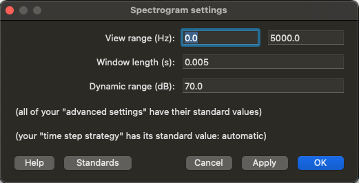 Praat Spectrogram Settings popup window